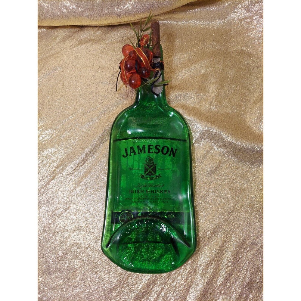 Flattened Melted Green Glass Wine Bottle Decor Spoon Rest Tray 13"